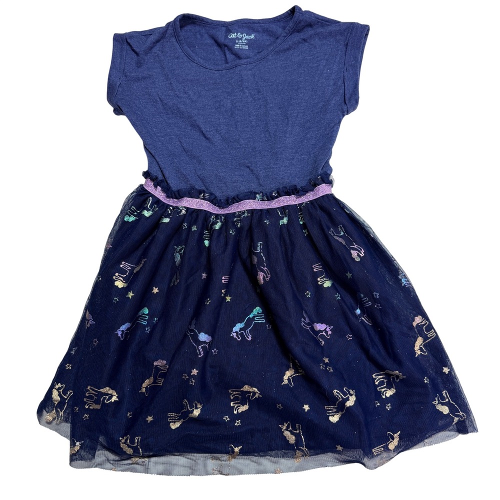 Cat & Jack Tutu Dress Girls S 6/6X Blue Unicorn Glitter Whimsical Tulle Mesh